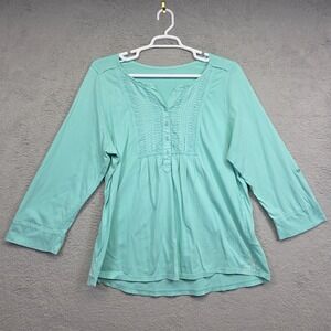 Charter Club Top Womens Plus Size 2X Green Pleated Button Up Boho Coastal Flowy‎